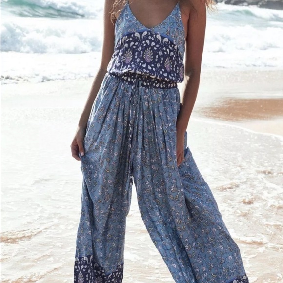 Jaase Pants - Jaase Wave Sapphire Print V Neck Floral Jumpsuit